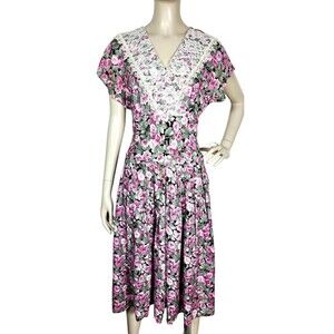 Vintage 80s Jamie Romantic Femme Floral Lace Cottagecore Tradwife Midi Dress S/M